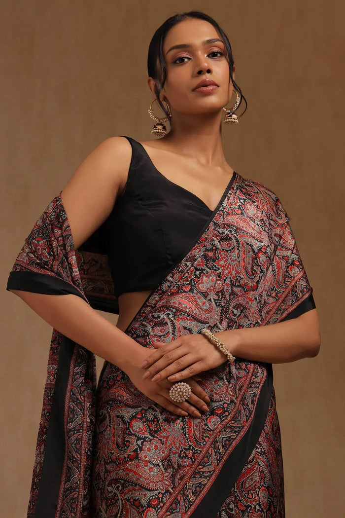 Black Crepe Paisley Print Saree