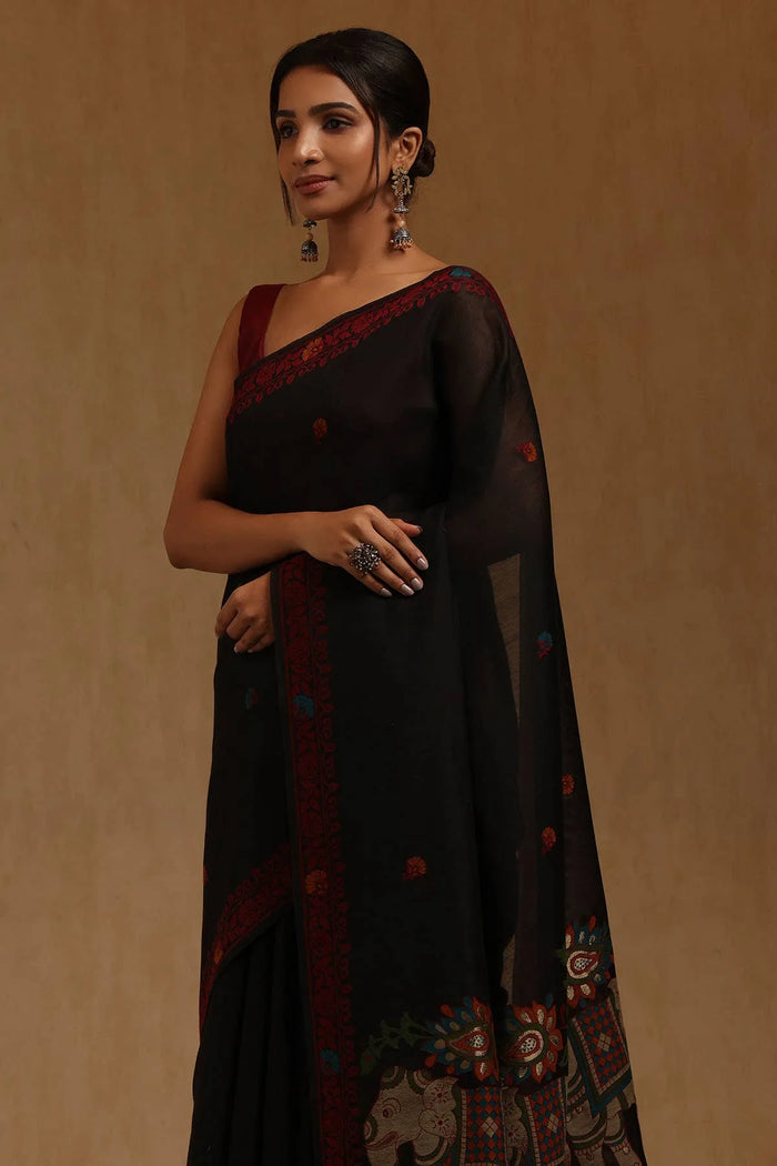 Black Chanderi Woven Design Saree