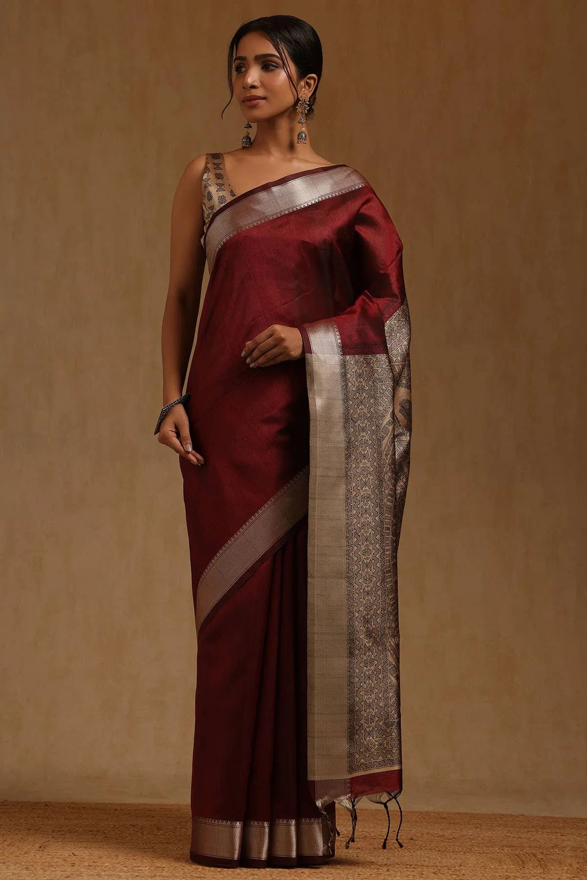 Maroon Tussar Madhubani Printed Saree — detail