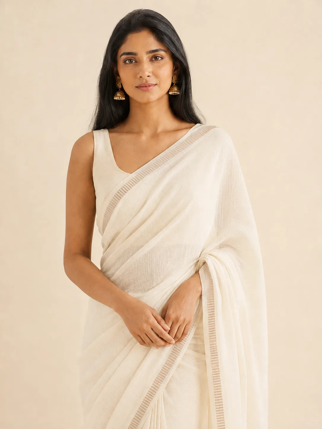 Ivory Mulmul Everyday Saree — fabric detail