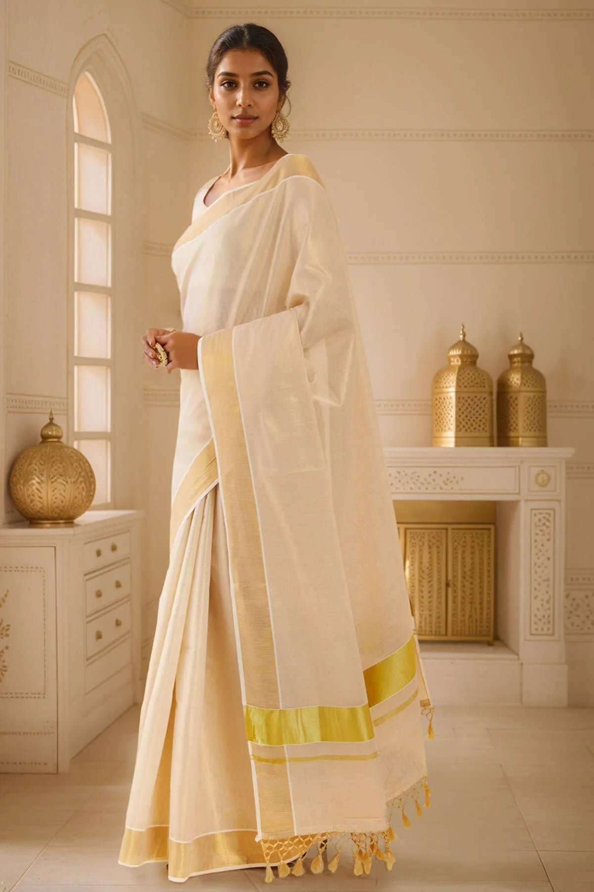 Gold Tissue Kasavu Saree With Zari Pallu And Borders — detail