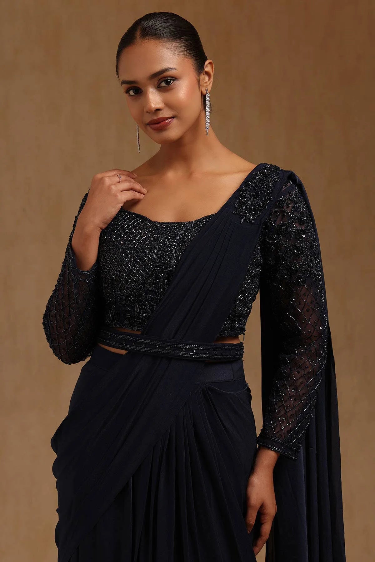 Navy Blue Spandex Solid Ready To Wear Saree — detail