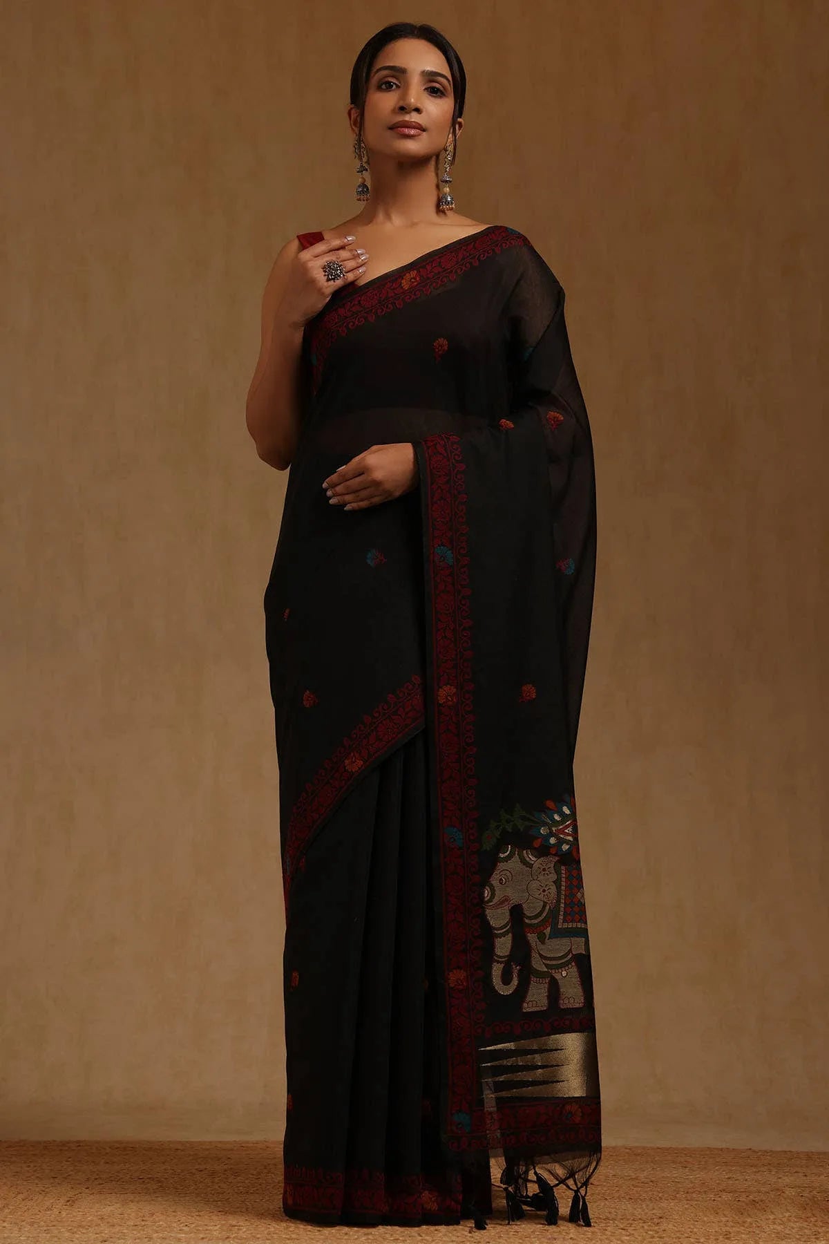 Black Chanderi Woven Design Saree — detail