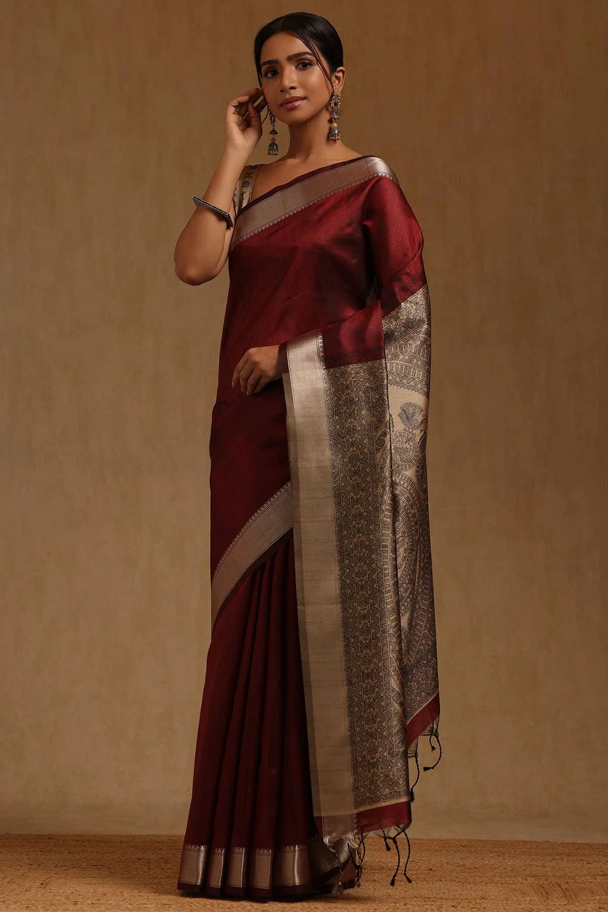 Maroon Tussar Madhubani Printed Saree — detail