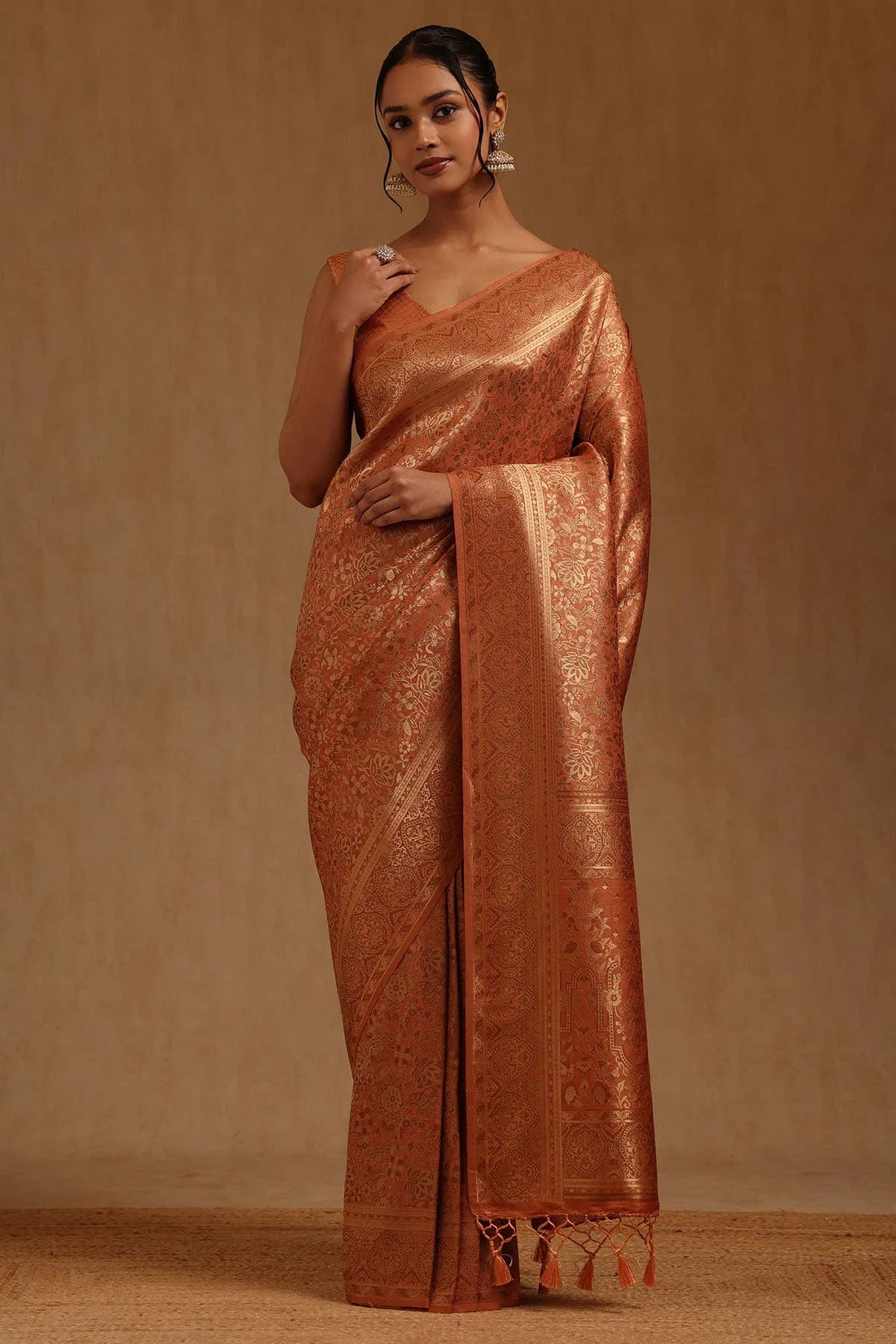 Peach Tussar Floral Zari Woven Saree — detail