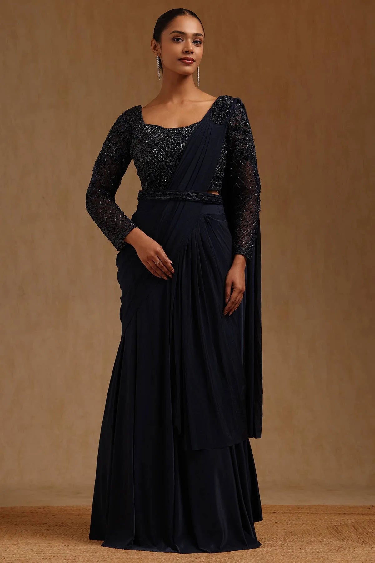 Navy Blue Spandex Solid Ready To Wear Saree — detail