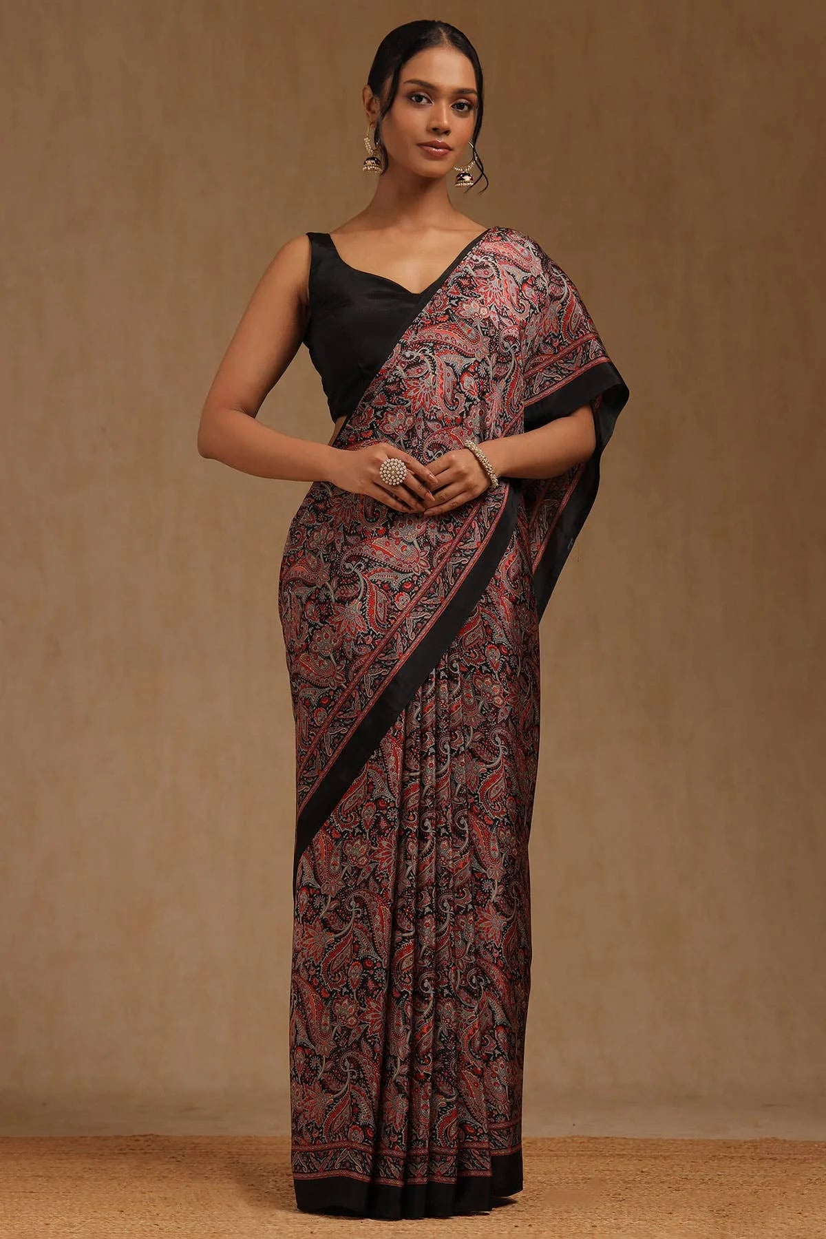 Black Crepe Paisley Print Saree — detail