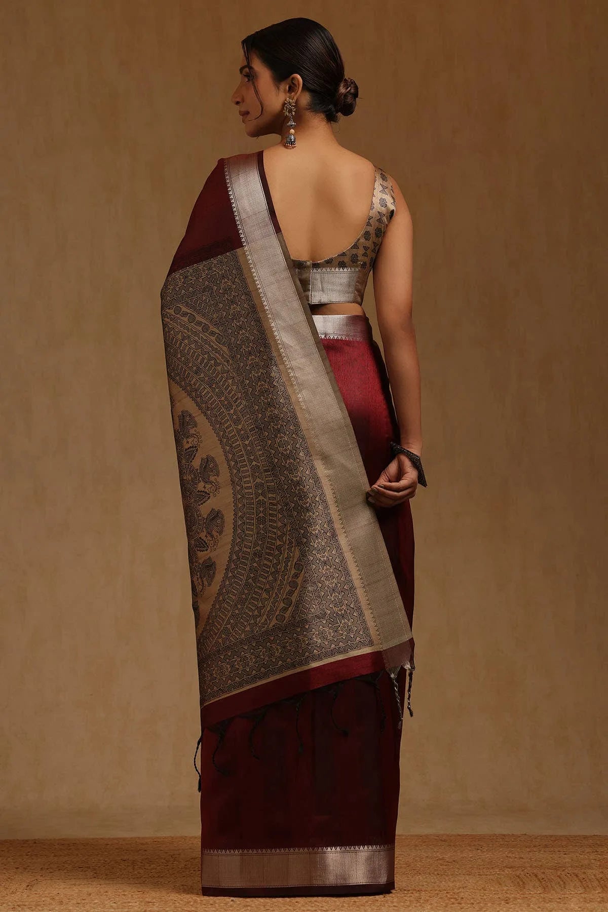 Maroon Tussar Madhubani Printed Saree — detail