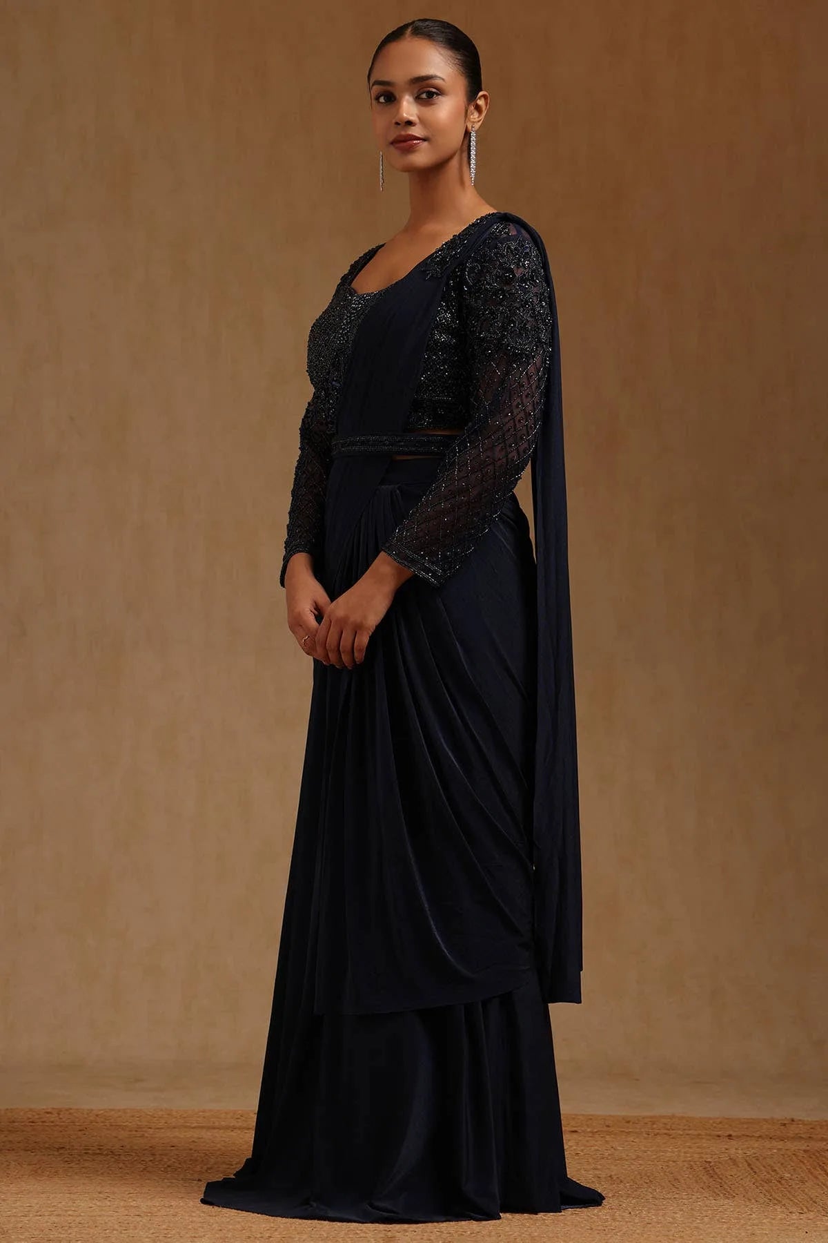 Navy Blue Spandex Solid Ready To Wear Saree — detail