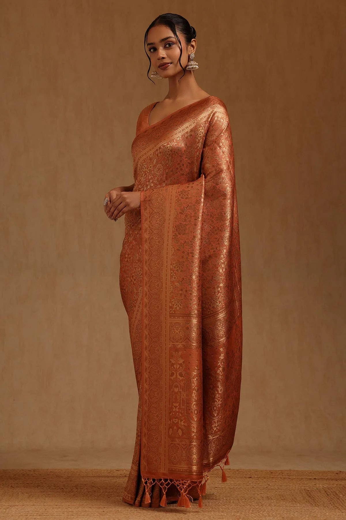 Peach Tussar Floral Zari Woven Saree — detail