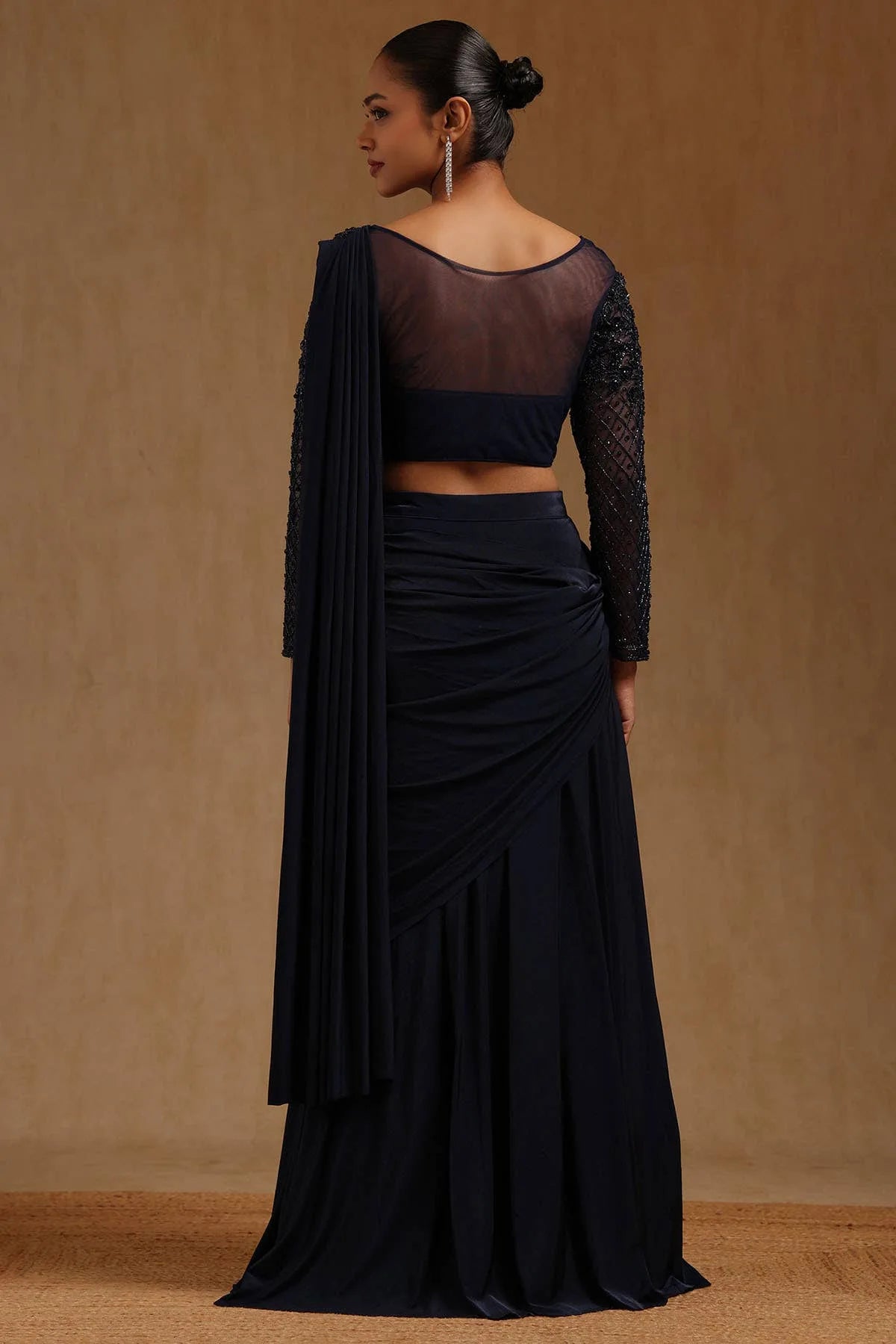 Navy Blue Spandex Solid Ready To Wear Saree — detail