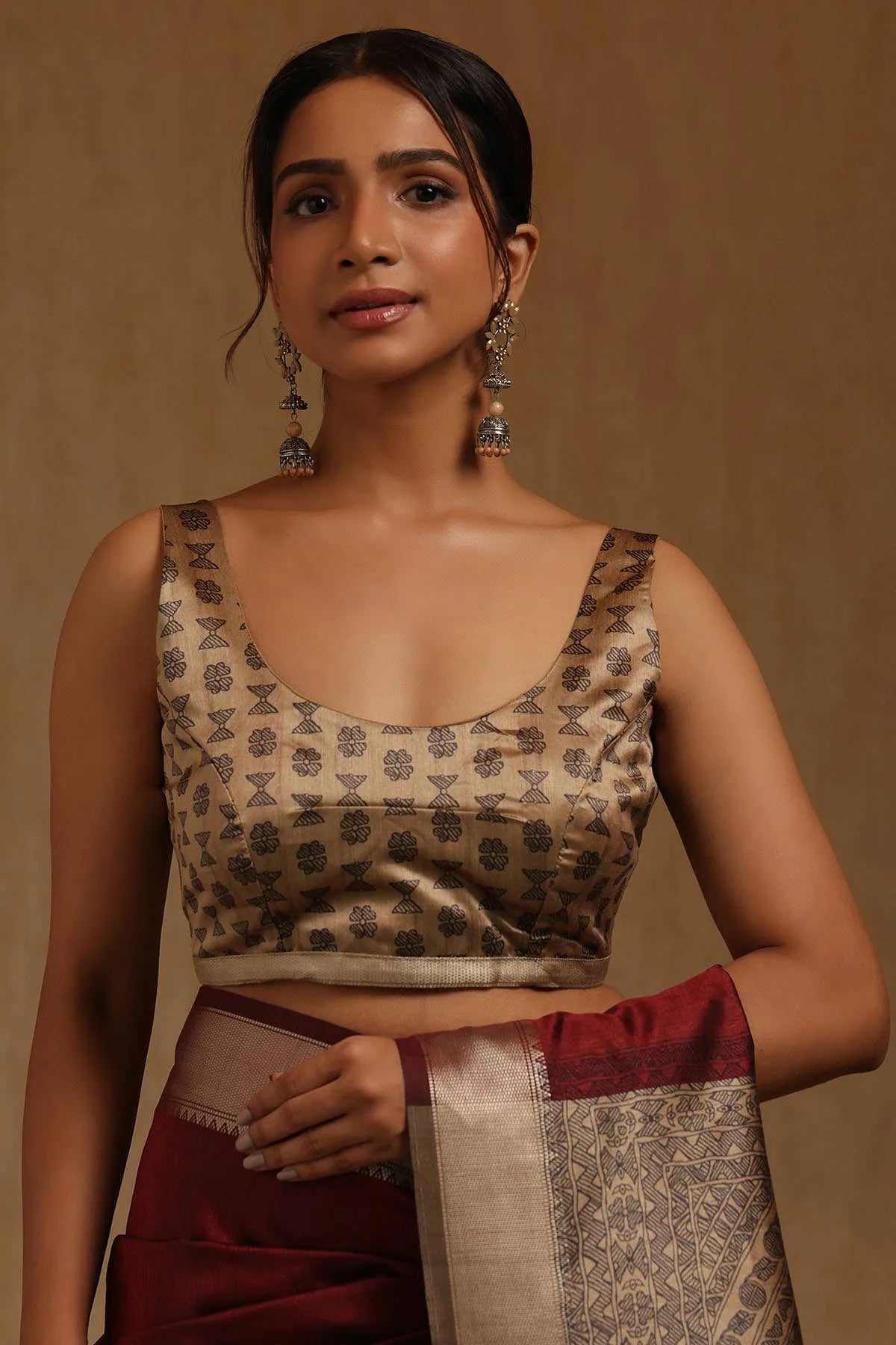 Maroon Tussar Madhubani Printed Saree — detail