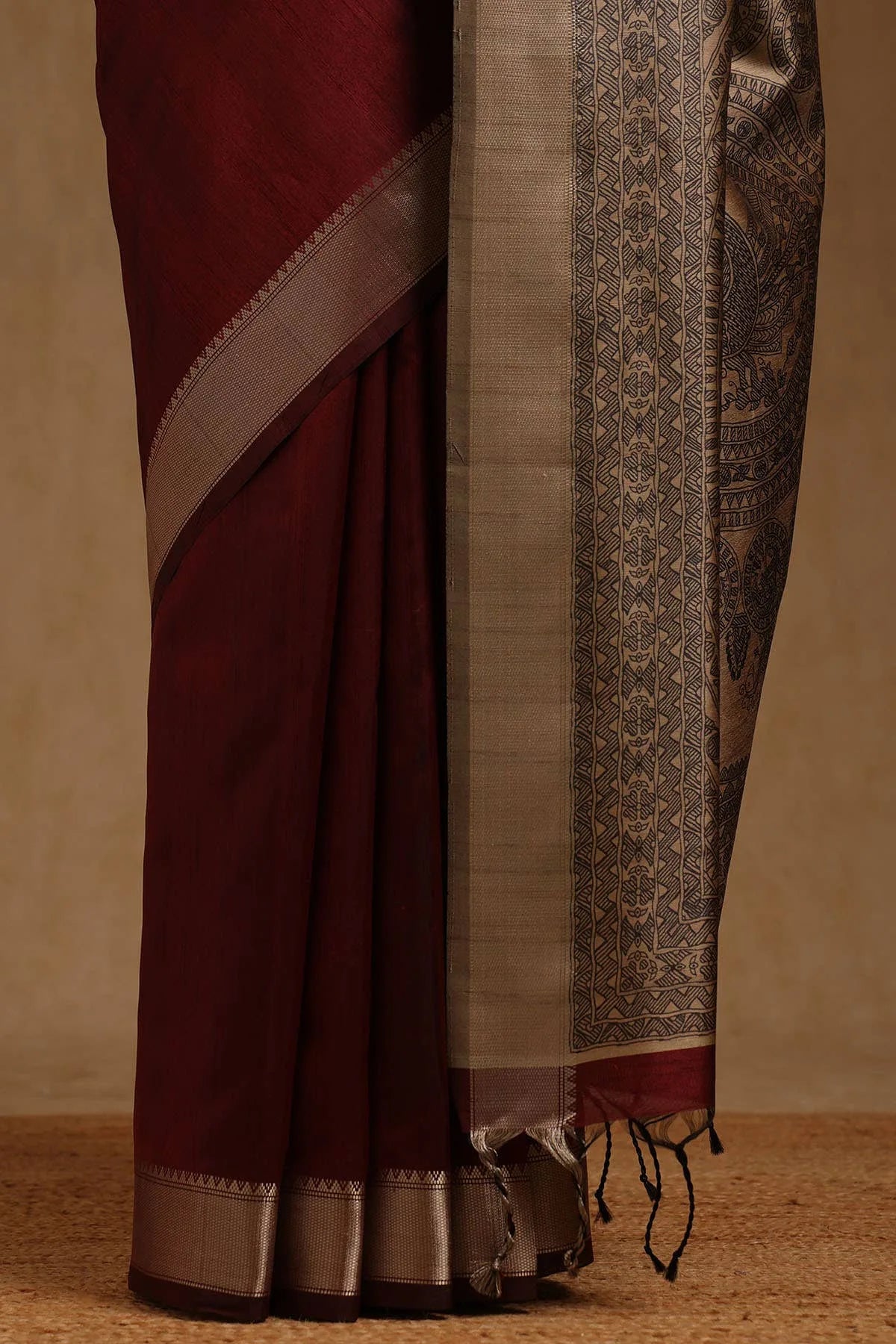 Maroon Tussar Madhubani Printed Saree — detail