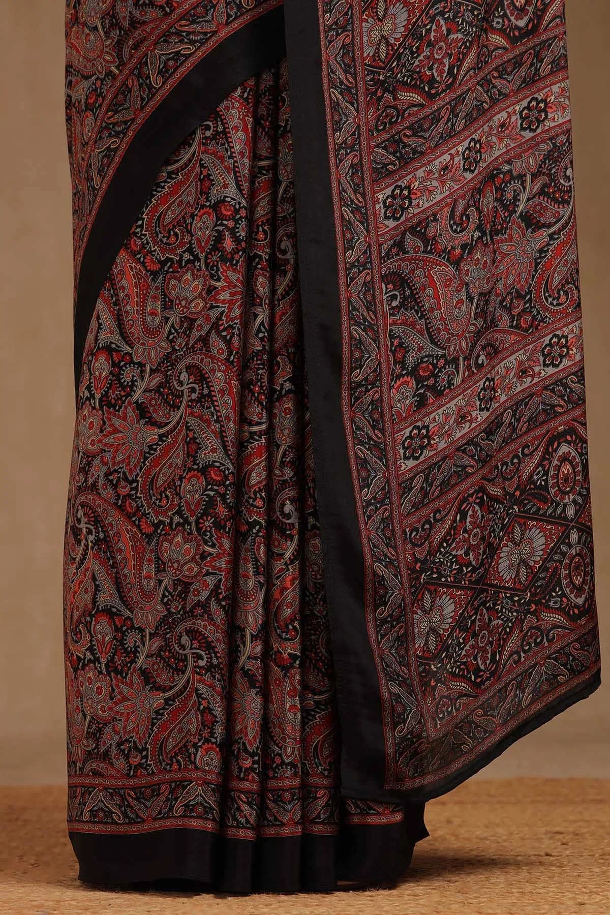 Black Crepe Paisley Print Saree — detail