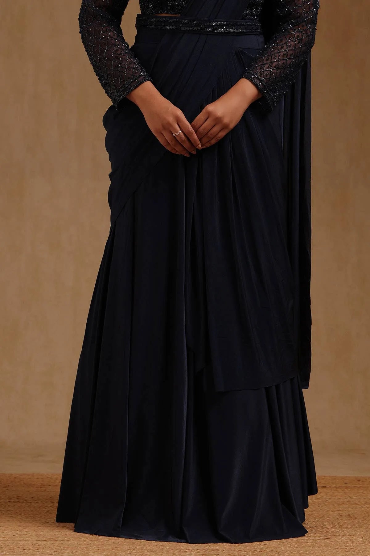 Navy Blue Spandex Solid Ready To Wear Saree — detail