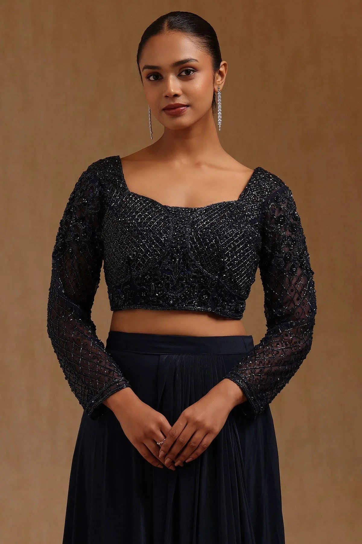Navy Blue Spandex Solid Ready To Wear Saree — detail