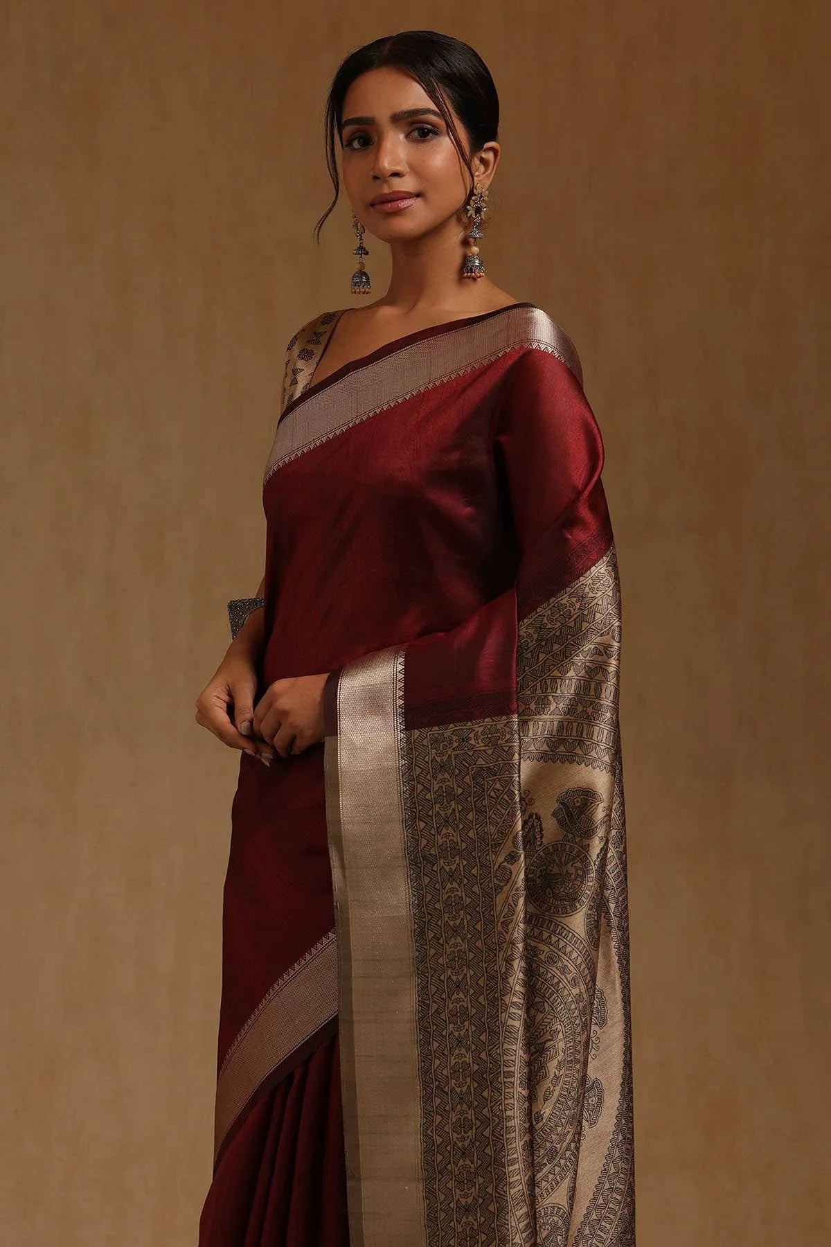 Maroon Tussar Madhubani Printed Saree — detail