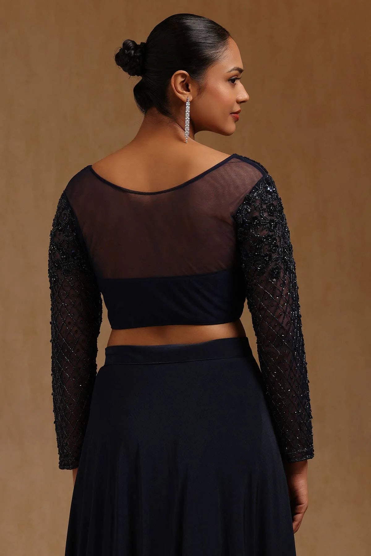 Navy Blue Spandex Solid Ready To Wear Saree — detail